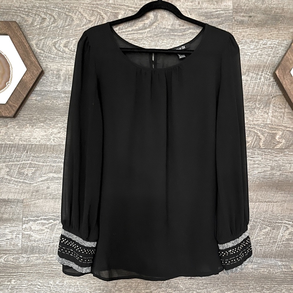 Forever 21 Sheer Black Beaded Cuff Blouse
